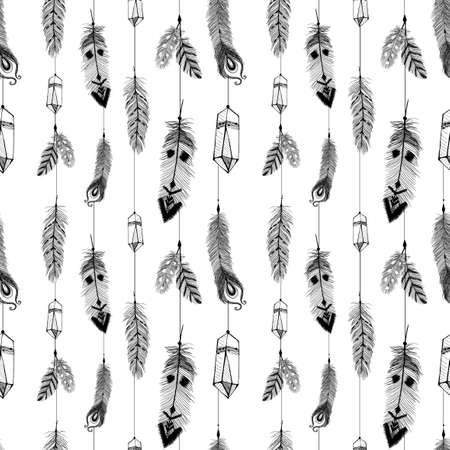 Textured feathers and crystals in aztec (boho) style. Seamless pattern.のイラスト素材