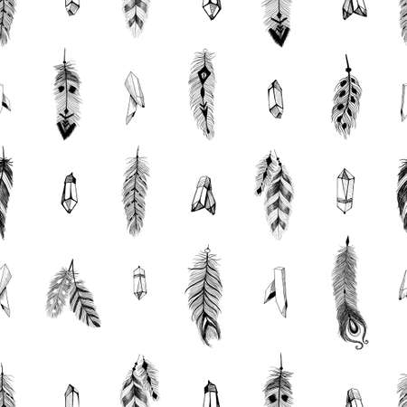 Textured feathers in aztec (boho) style. Seamless pattern.のイラスト素材
