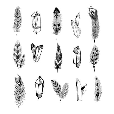 Textured feathers and crystals in aztec (boho) style set.のイラスト素材