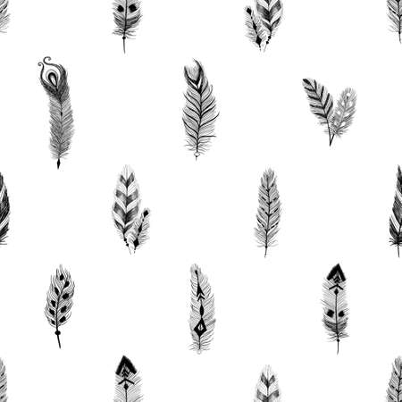 Textured feathers in aztec (boho) style. Seamless pattern.のイラスト素材