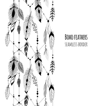 Textured feathers and crystals in aztec (boho) style. Seamless border.のイラスト素材