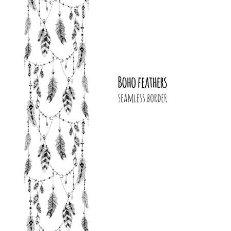 Textured feathers and crystals in aztec (boho) style. Seamless border.のイラスト素材