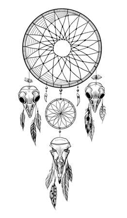 Detailed mystical dreamcatcher with owl's skulls.のイラスト素材