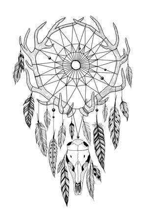 Detailed mystical dreamcatcher made of antlers with deer's skull.のイラスト素材