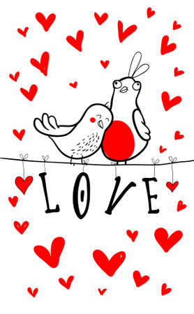 Doodle birds couple among hearts.のイラスト素材