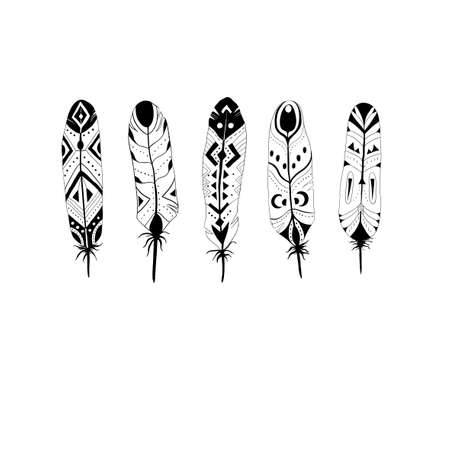 Five black and white textured feathers in boho (tribal) style.のイラスト素材