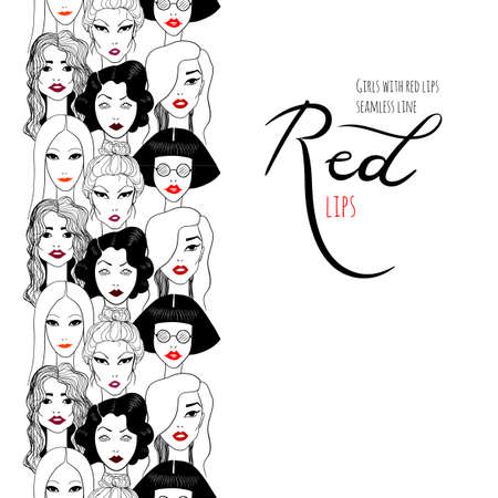 Women's faces pattern with red lipsのイラスト素材