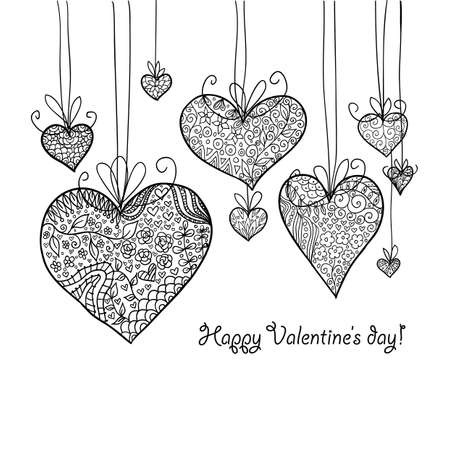 Doodle textured hearts-baubles background.のイラスト素材