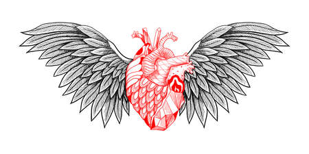 Textured heart with wings. Detailed illustration. Can be used as print, tattoo, card, poster etc,のイラスト素材