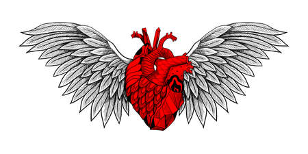 Textured heart with wings. Detailed illustration. Can be used as print, tattoo, card, poster etc,のイラスト素材