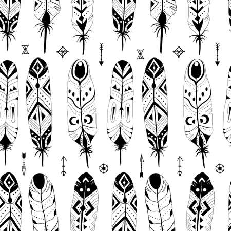 Textured boho feathers seamless patternのイラスト素材