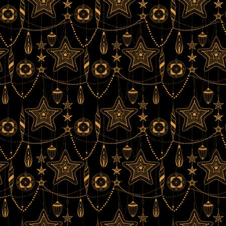 Hand drawn doodle textured Chrismas decorations. Seamless pattern.Vector illustration.のイラスト素材