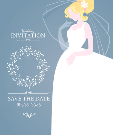 Wedding Invitation. Blonde Bride in Wedding Dress. Bridal Shower. Vector illustrationのイラスト素材