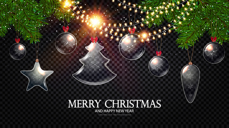 Merry Christmas Background with Realistic Transparent Glass Toys, Shining Garlands and Fir Tree Branches. Christmas Decoration. Vector illustrationのイラスト素材