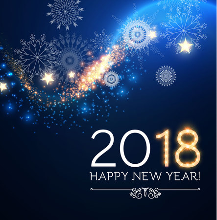 Happy New 2018 Year! Lights Background with Bokeh Effect, Snow and Fireworks. Vector illustrationのイラスト素材
