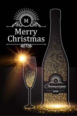 Christmas Design Template with Champagne Glasses, Wine Bottle, Bow, Gold Effects and Flash light.のイラスト素材