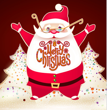 Smiling Santa Claus Christmas Card Template with Snow and Lettering of Merry Christmas.のイラスト素材