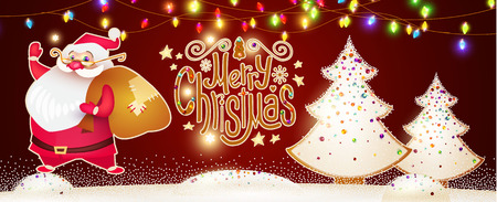 Smiling Santa Claus. Christmas Card Template with Snow and Lettering.のイラスト素材