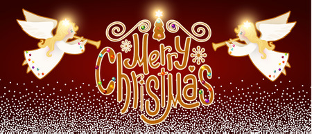 Merry Christmas Cute Background with Angel Playing the Trumpet, Christmas Candy Lettering, Snow and Lights.のイラスト素材