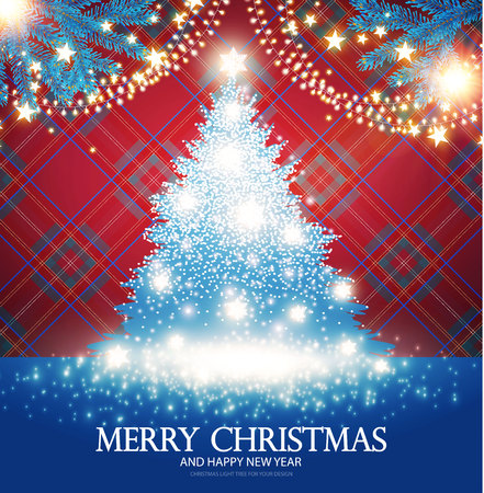 Merry Christmas Card Template with Fir Tree, Snow, Tartan Pattern, Light Effect and Shining Snowflakes.のイラスト素材