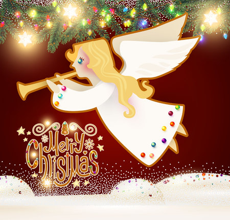 Merry Christmas Cute Background with Angel Playing the Trumpet, Christmas Candy Lettering, Fir Tree Branches, Snow and Lights.の写真素材