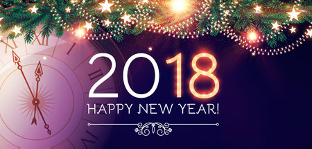 Happy New 2018 Year Background with Clock, Snowflakes, Fir Tree Branches, Light Garlands and Bokeh...