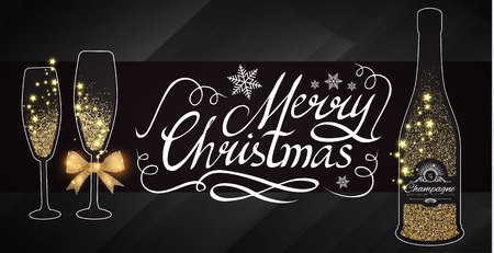 Elegant Christmas Design Template with Lettering, Champagne Glasses, Bottle of Wine, Gold Effects, Bow, and Flash light. Vector illustrationのイラスト素材
