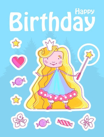 Happy little princess birthday card template with fairy girl with crown, magic wand. Flower, star, candy and pink heart.のイラスト素材