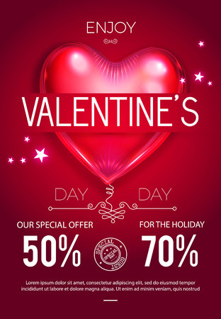 Happy Valentines Day Sale Poster Template with Colorful and Glossy Red Foil Heart Balloon. Vector illustrationのイラスト素材