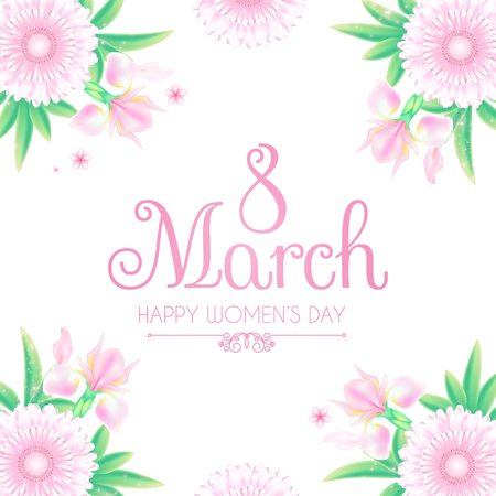 8 March. Women's Day Greeting and Invitation with Soft Flowers. Cute Card Design Template for Birthday, Anniversary, Wedding, Baby and Bride Shower and so on.のイラスト素材