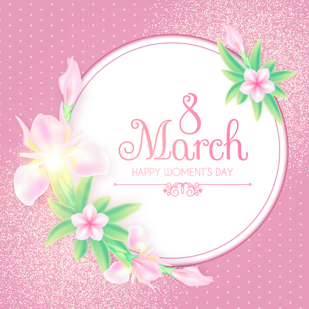 8 March. Women's Day Greeting and Invitation with Soft Flowers. Cute Card Design Template for Birthday, Anniversary, Wedding, Baby and Bride Shower and so on. Vector illustrationのイラスト素材