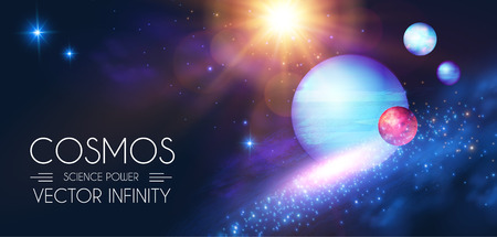 Space Shining Background with Realistic 3D Planets and Stars. Universe and Cosmos Design. Light of a Galaxy. Science Template.のイラスト素材
