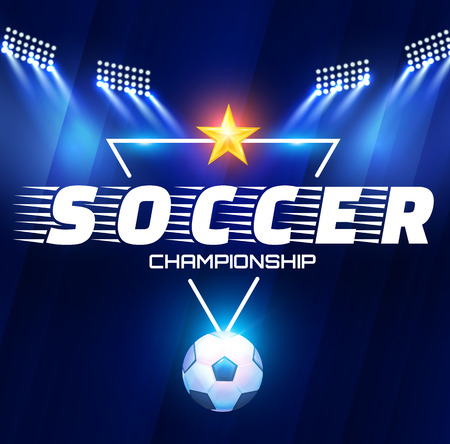 Football Arena with Lights. Soccer Stadium Projectors and Spotlights with Ball. Vector illustrationのイラスト素材