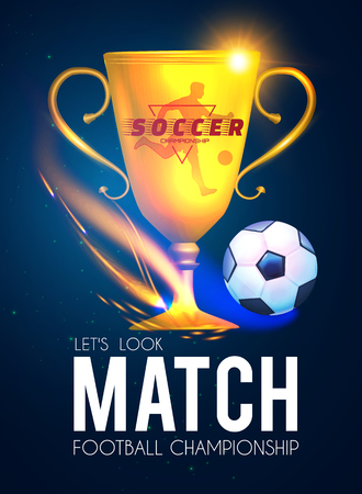 Soccer Cup. Football Design Poster Template with Win Cup, Realistic Ball, Flash and Motion Light. Vector illustrationのイラスト素材