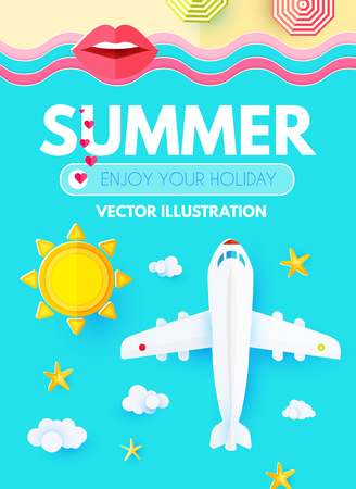 Summer Vacation Layout Design Template with Plane, Sea, Sun, Beach and Umbrellas, Paper Art. Top View,. Vector illustrationのイラスト素材