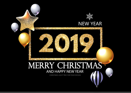 Happy New 2019 Year! Shining Greeting Card with Realistic Gold. Black. Transparent and Striped...