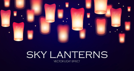 Flying Sky Lanterns. Chinese Light Effect Decoration.のイラスト素材