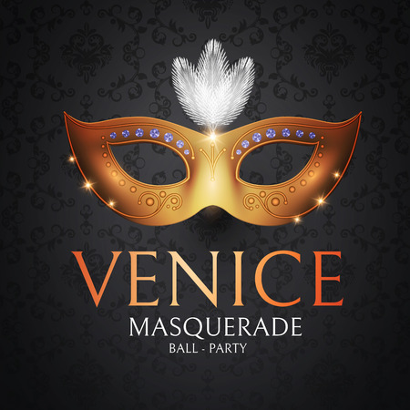Venice Carnival Design Template with Gold Mask. Vector illustrationのイラスト素材