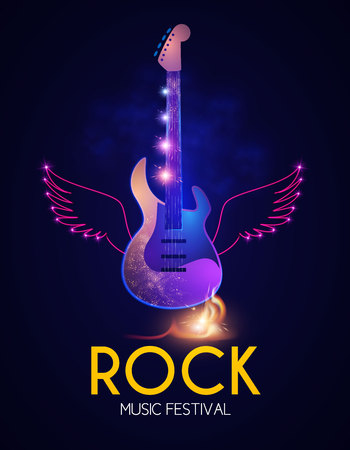 Rock Festival Design Template with Shining Guitar. Neon Wings and Fire.のイラスト素材