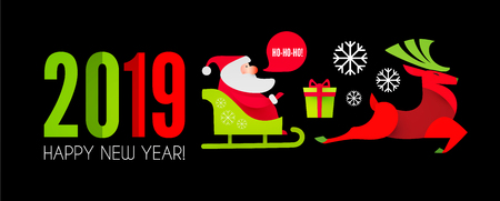 Happy Ner 2019 Year! Christmas Design Template with Santa Claus. Sleigh and Deer. Vector illustrationのイラスト素材