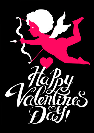 Happy Valentine s Day. Cute Design Template with Hearts, Lettering and Cupid Holding Bow and Arrow.のイラスト素材