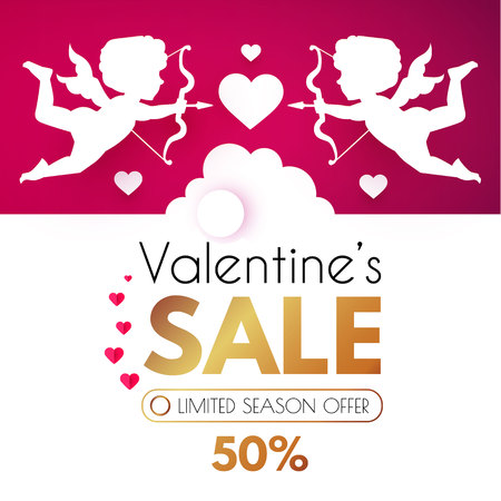 Valentine s Day Sale. Cute Design Template with Hearts, Cloud and Cupid Holding Bow and Arrow. Vector illustrationのイラスト素材