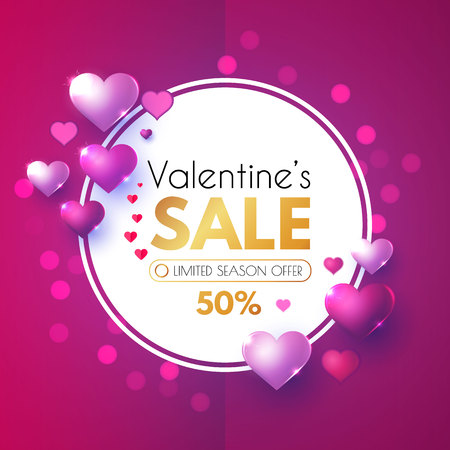 Happy Valentine s Day Design Template with Glossy Hearts. Vector illustrationのイラスト素材