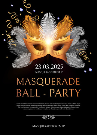 Masquerade Flyer Template with Gold Carnival Mask. vector illustrationのイラスト素材