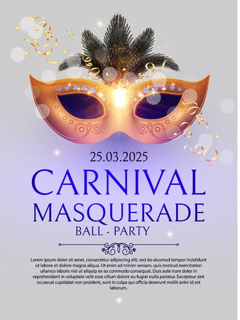Masquerafe Flyer Template with Gold Carnival Mask. vector illustrationのイラスト素材