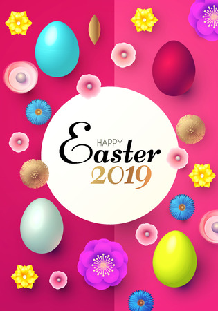 Happy Easter Design Template with Realistic Colorful Eggs, Circle Banner, Spring Flowers and Grass.のイラスト素材