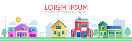 House Exterior. Town Landscape. Houses along the Street. Flat Cottages. Vector illustrationのイラスト素材