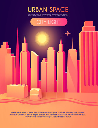 3D City Concept. Urban Background with Skyscrappers. Perspective Scene. Vector illustrationのイラスト素材