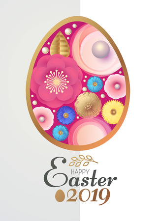 Happy Easter Card Template with Egg Desorated with Spring Flowers. Vector illustrationのイラスト素材