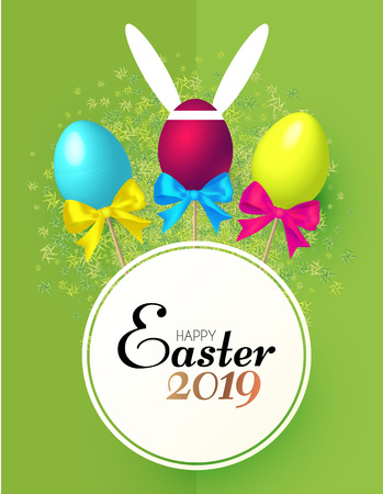 Happy Easter Card Template with Realistic Eggs, Flowers and Bunny Ears. Vector illustrationのイラスト素材